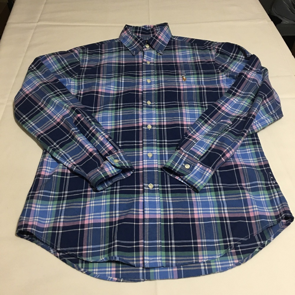 Ralph Lauren Long Sleeve Button Down Shirt Mens Medium Blue Pink Plaid